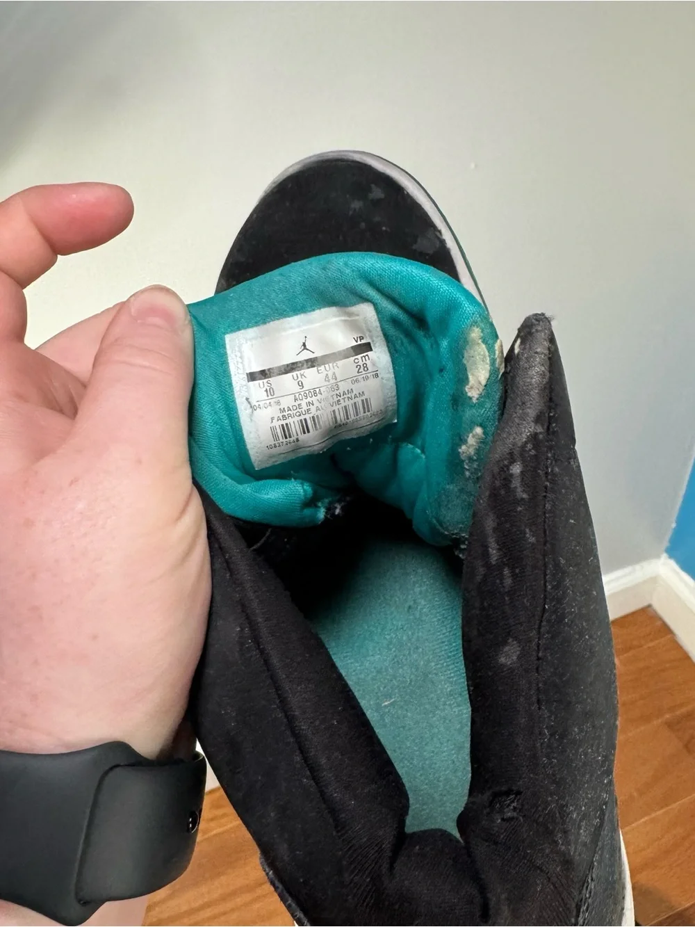 HEAVILY WORN Jordan Black High-Top Sneakers with Green and Red Outsoles